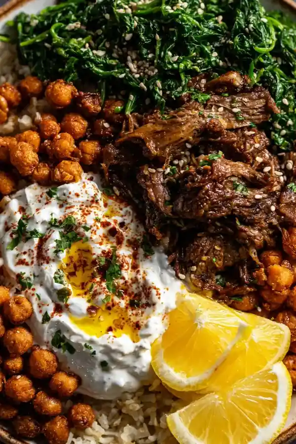 Beef Shawarma Bowl with Crispy Chickpeas and Spinach
