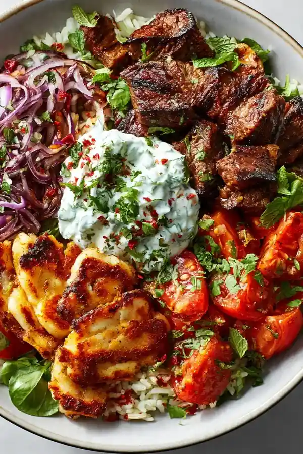 Beef Shawarma Bowl with Halloumi and Mint Yogurt