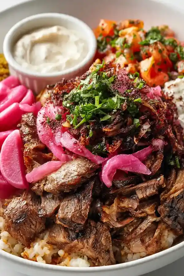 Beef Shawarma Bowl with Pickled Turnips and Sumac Onions