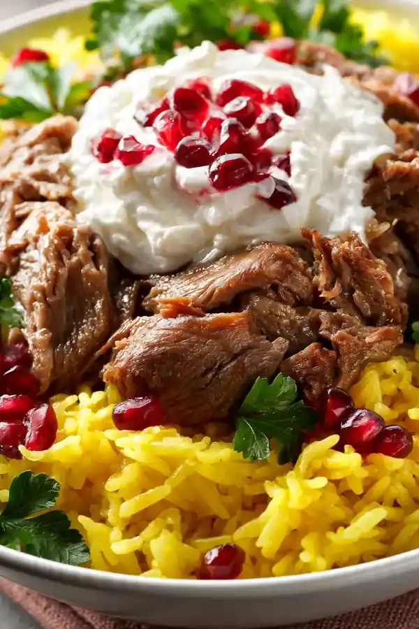 Beef Shawarma Bowl with Saffron Rice and Pomegranate