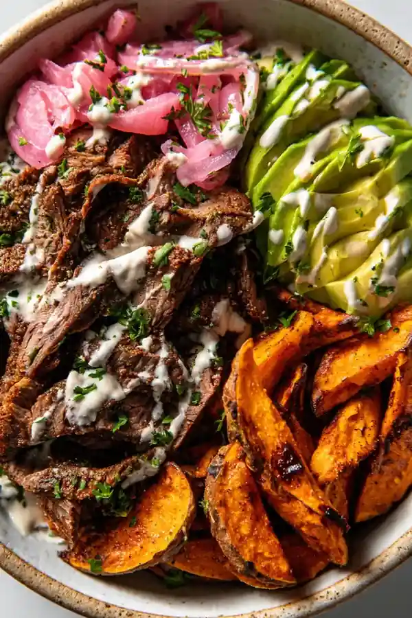 Beef Shawarma Bowl with Sweet Potato Wedges and Avocado