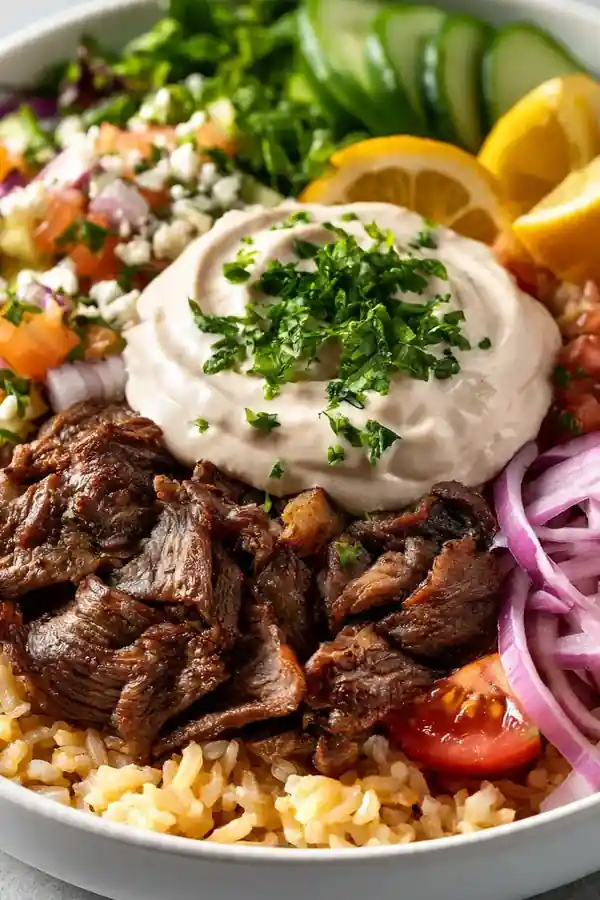 Classic Beef Shawarma Bowl with Tahini Garlic Sauce