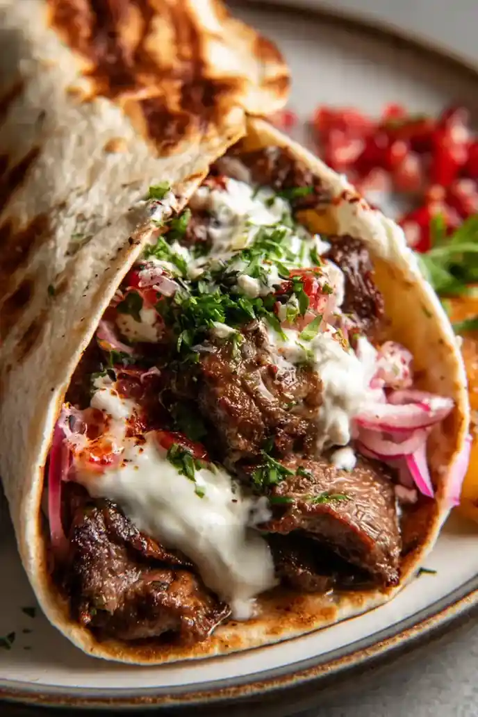 Garlic Yoghurt and Tahini Beef Shawarma Wrap