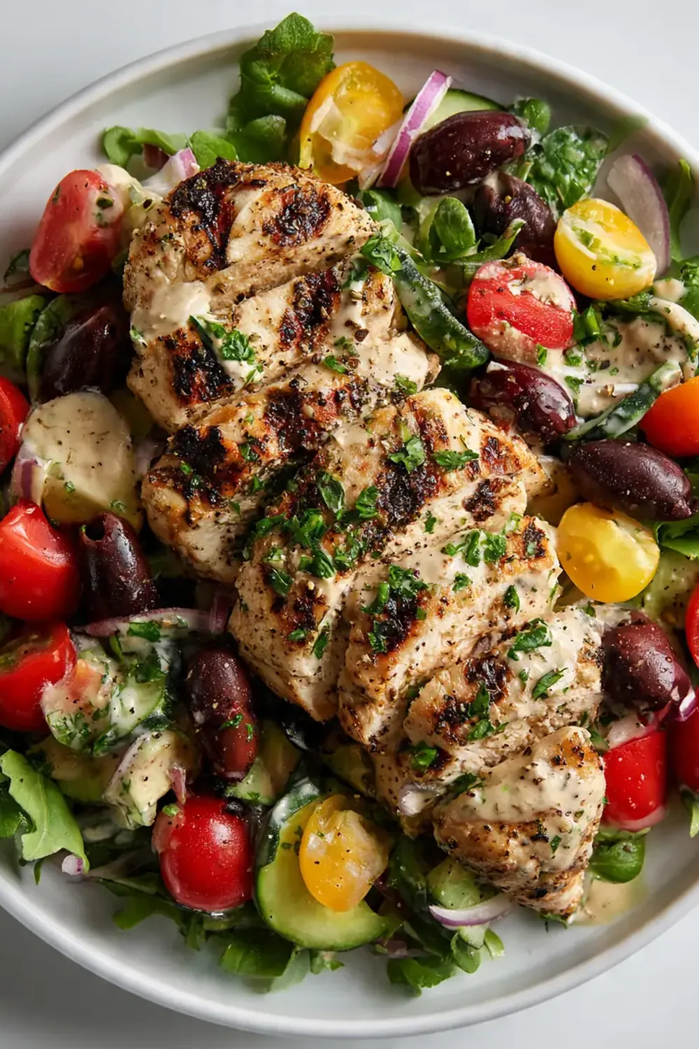 Greek Chicken Salad with Hummus Dressing