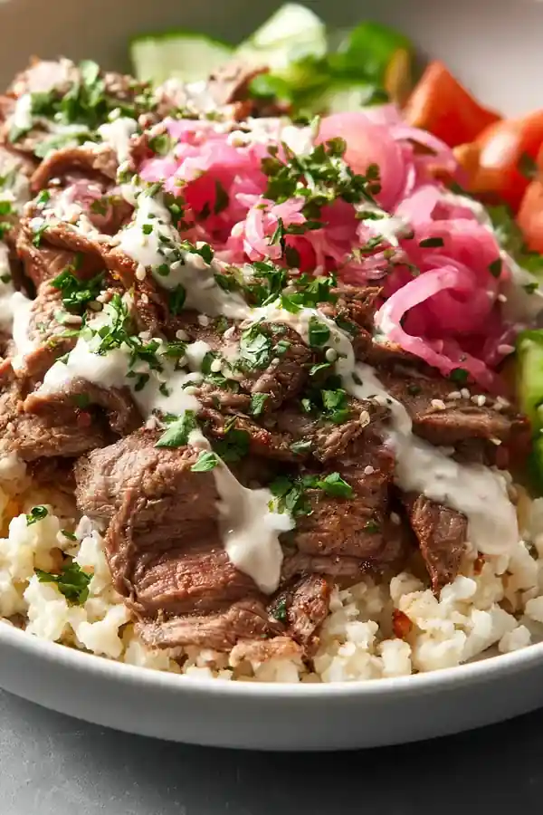 Low-Carb Beef Shawarma Bowl with Cauliflower Rice