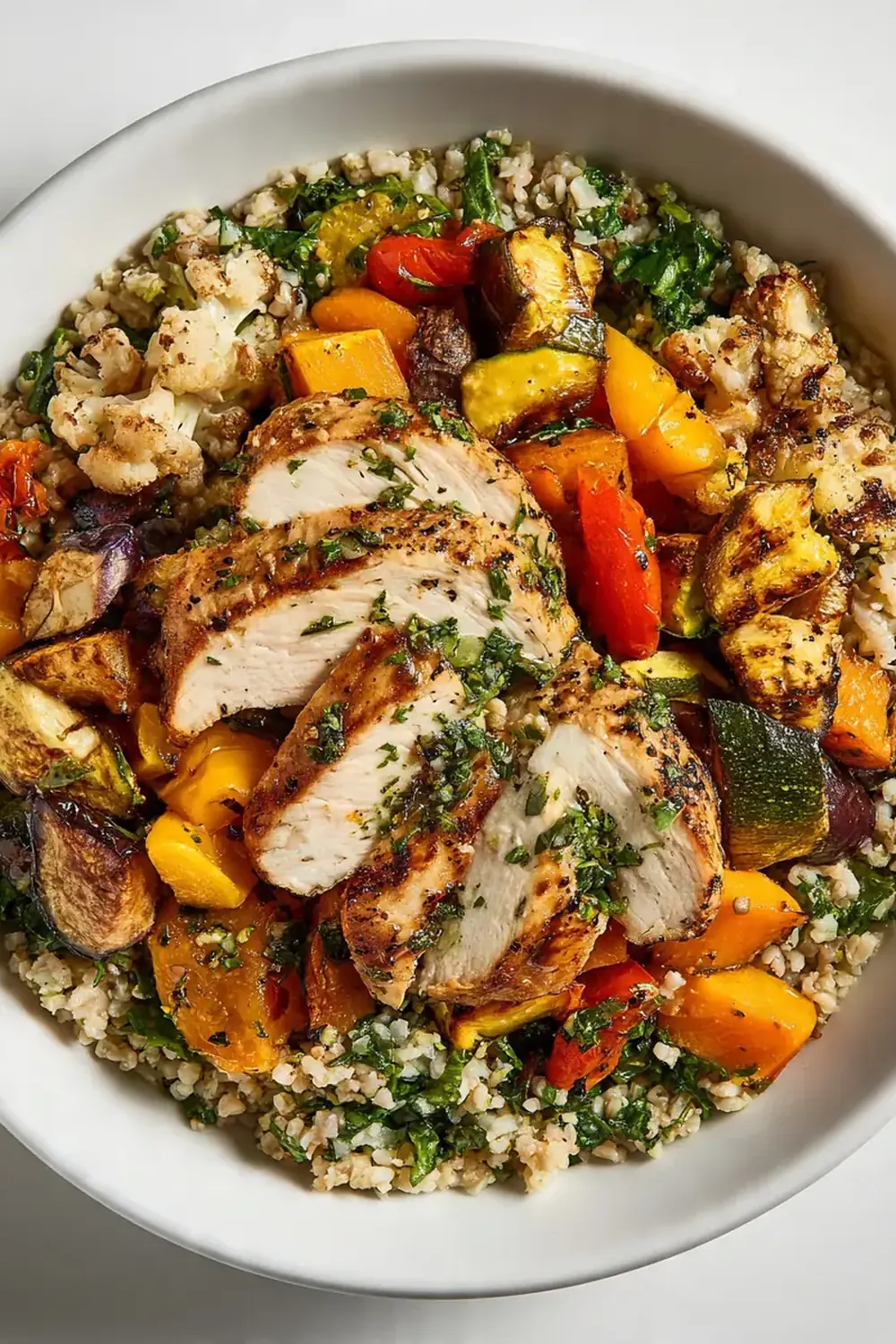 Roasted Veggie & Chicken Grain Bowl Salad