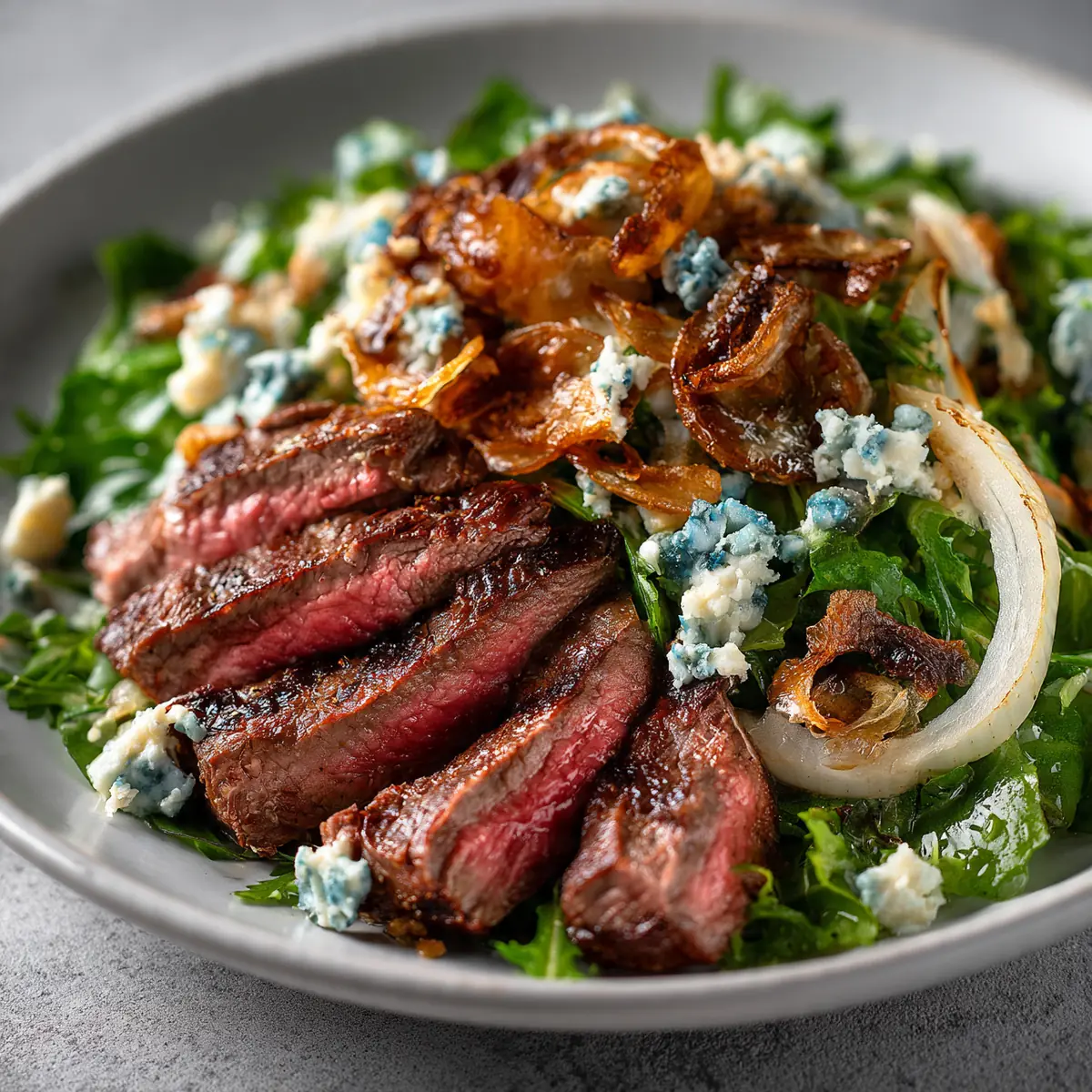 Steak Salad With Blue Cheese & Crispy Onions