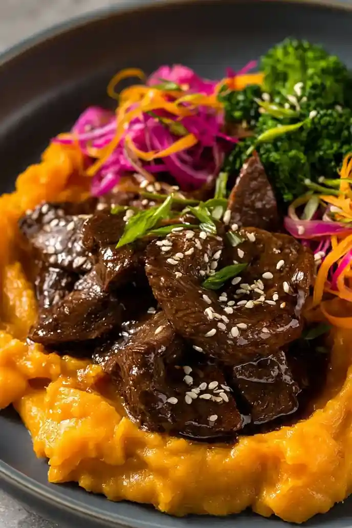 Teriyaki Beef Bowl with Sweet Potato Mash