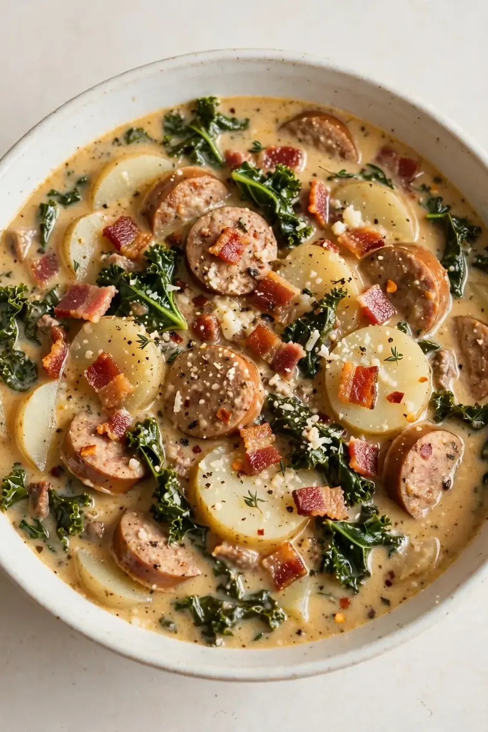 Slow Cooker Zuppa Toscana (Turkey Sausage & Beef Bacon Base)