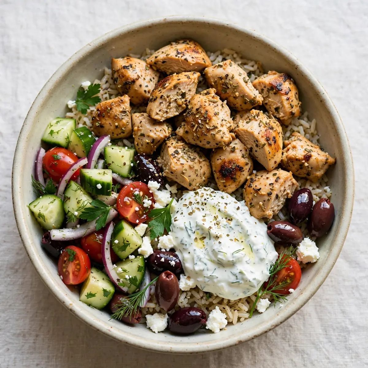 Easy Weeknight Crockpot Greek Chicken Souvlaki Bowls